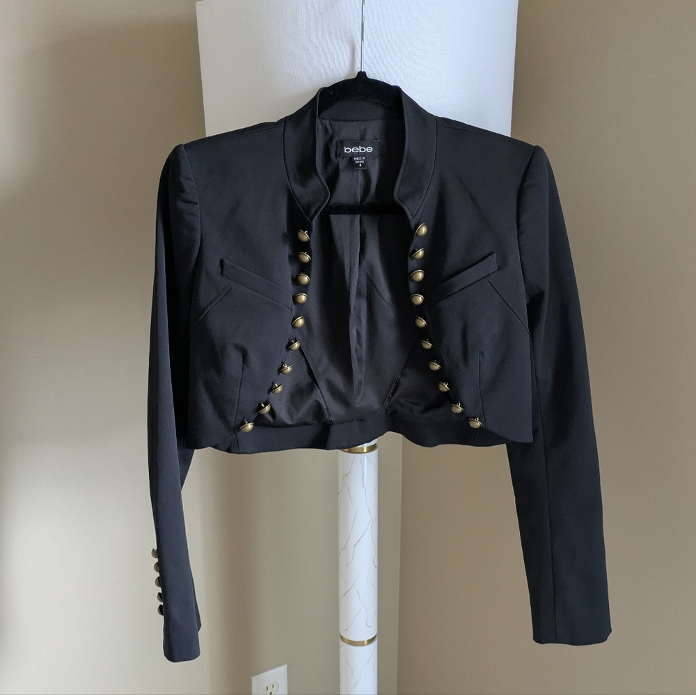 Bebe Black Cropped Jacket with Gold Buttons